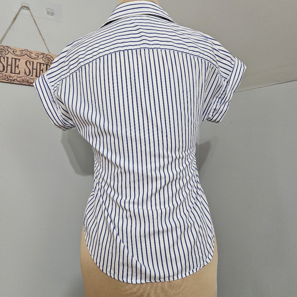 Lauren Ralph Lauren Blue White Stripe Wrap Blouse Short Sleeve XS Summer Resort - Picture 5 of 16